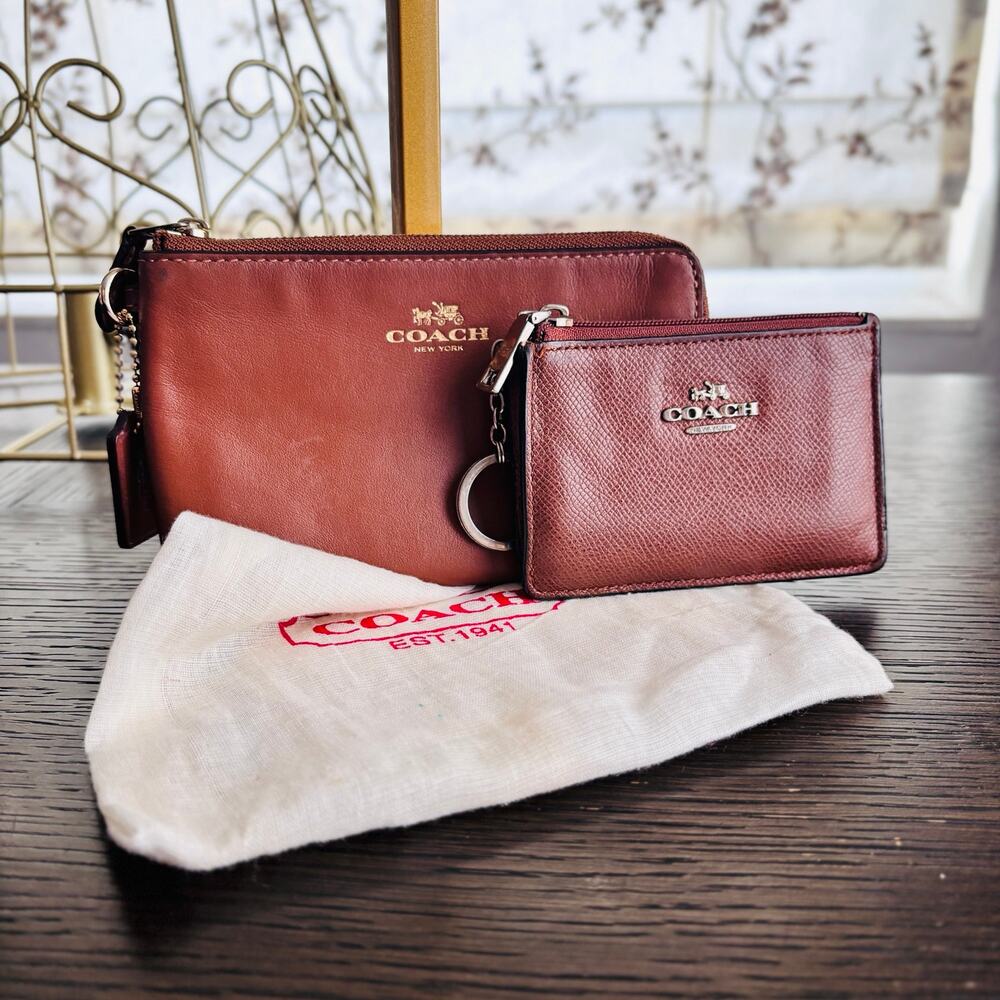 Coach Saddle Brown Leather Double Zip Wallet & Coin Case Bundle Dust Bag EUC